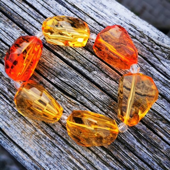 Big Yellow and Orange Plastic Gemstones Stretch Statement Bracelet - Picture 2 of 13